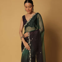 Multicolor Organza Saree With Bead Work Border And Unstitched Blouse Fabric