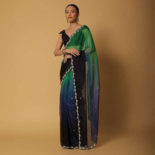Multicolor Organza Saree With Bead Embellishments And Unstitched Blouse Fabric