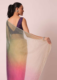 Multicolor Organza Ombre Saree With Scallop Border And Unstitched Blouse Piece