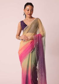 Multicolor Organza Ombre Saree With Scallop Border And Unstitched Blouse Piece