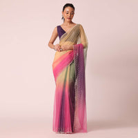 Multicolor Organza Ombre Saree With Scallop Border And Unstitched Blouse Piece