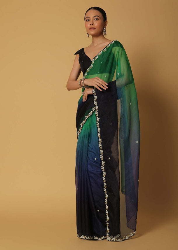 Multicolor Organza Saree With Bead Embellishments And Unstitched Blouse Fabric