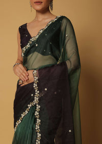 Multicolor Organza Saree With Bead Work Border And Unstitched Blouse Fabric