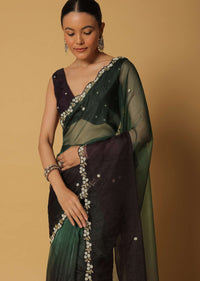 Multicolor Organza Saree With Bead Work Border And Unstitched Blouse Fabric