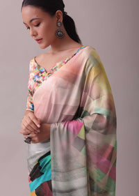 Multicolor Saree In Satin Adorned With An Abstract Print