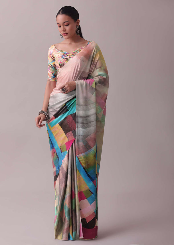 Multicolor Saree In Satin Adorned With An Abstract Print