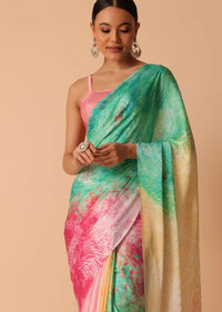 Multicolor Saree With Abstract Print And Unstitched Blouse Piece