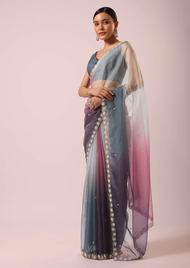 Multicolor Shaded Saree In Organza With Cutdana Work