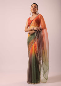 Multicolor Shaded Saree In Organza With Scallop Border