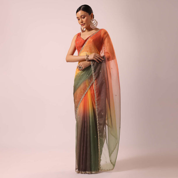 Multicolor Shaded Saree In Organza With Scallop Border