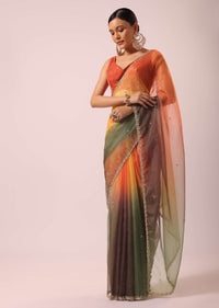 Multicolor Shaded Saree In Organza With Scallop Border