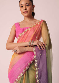 Multicolor Shaded Saree In Organza With Unstitched Blouse Piece