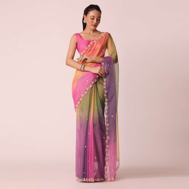 Multicolor Shaded Saree In Organza With Unstitched Blouse Piece