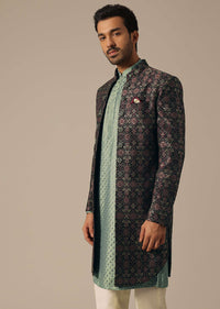 Multicolor Silk Jacquard Indowestern Set With Embroidered Detail