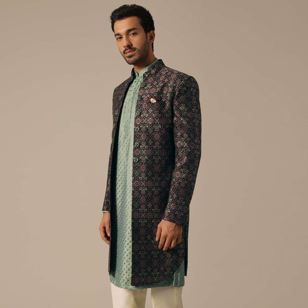 Multicolor Silk Jacquard Indowestern Set With Embroidered Detail
