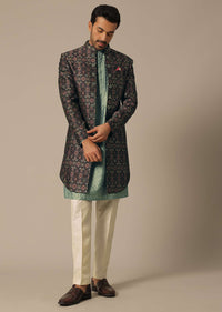 Multicolor Silk Jacquard Indowestern Set With Embroidered Detail