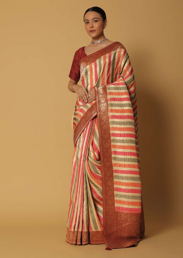 Multicolor Silk Saree With Woven Diagonal Stripes And Unstitched Blouse Fabric