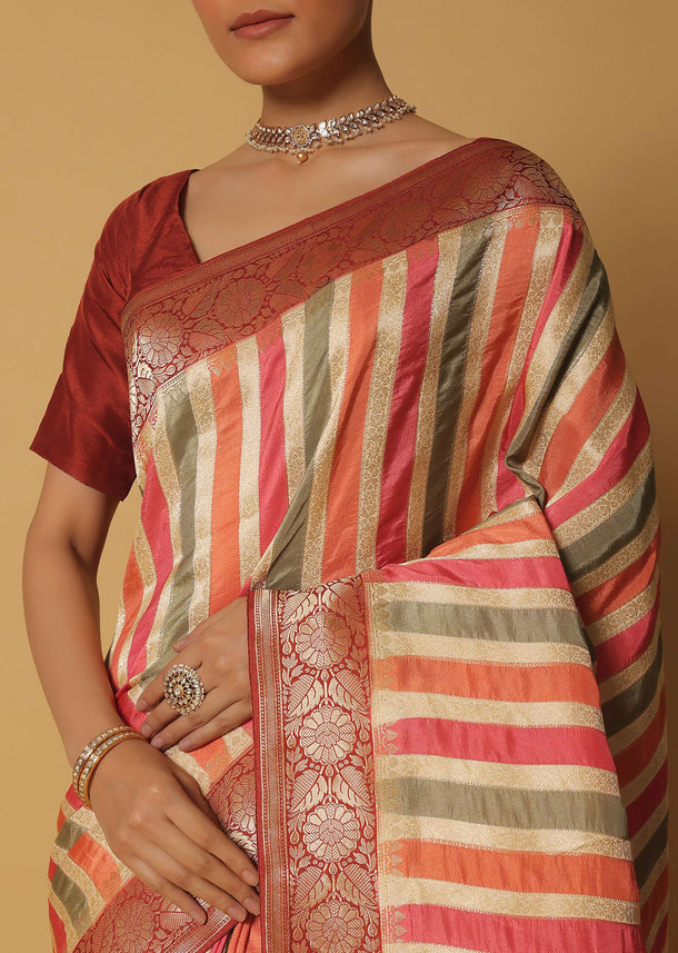 Multicolor Silk Saree With Woven Diagonal Stripes And Unstitched Blouse Fabric