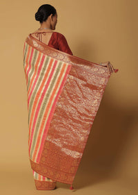Multicolor Silk Saree With Woven Diagonal Stripes And Unstitched Blouse Fabric