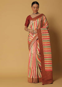 Multicolor Silk Saree With Woven Diagonal Stripes And Unstitched Blouse Fabric