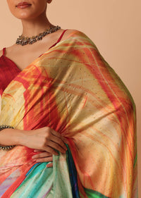 Multicolor Stone Embellished Saree With Abstract Print And Unstitched Blouse Piece