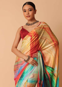 Multicolor Stone Embellished Saree With Abstract Print And Unstitched Blouse Piece