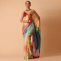 Multicolor Stone Embellished Saree With Abstract Print And Unstitched Blouse Piece
