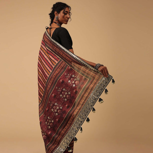 Multicolor Stripe Printed Saree In Chanderi Cotton With Gotta Patti Work On The Borders