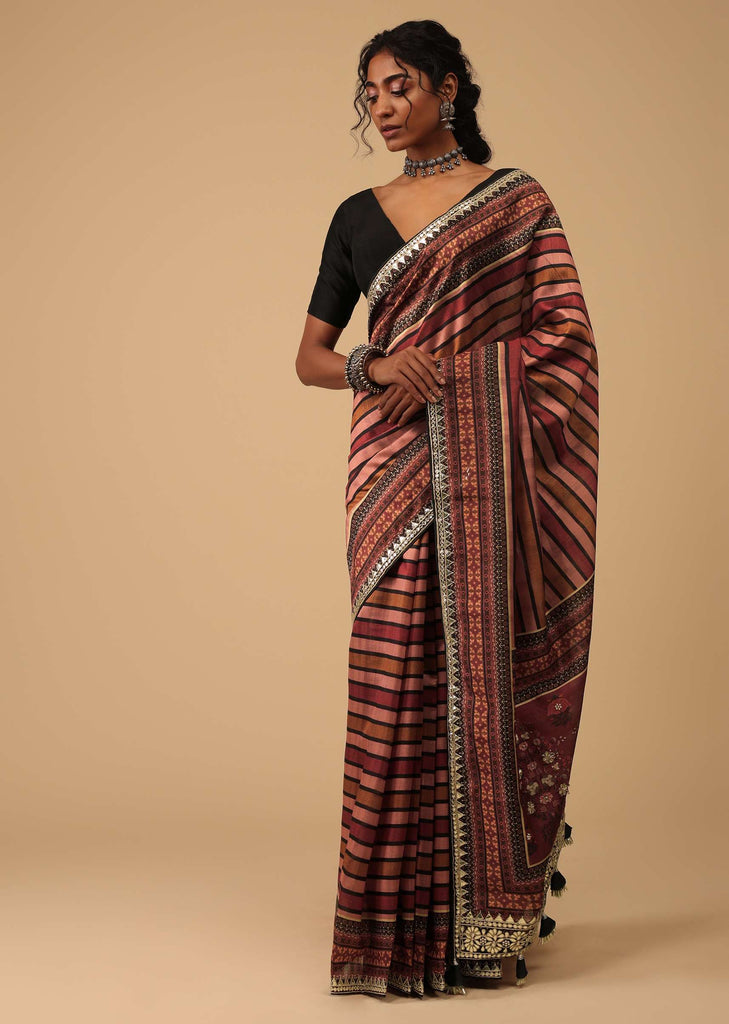 Multicolor Stripe Printed Saree In Chanderi Cotton With Gotta Patti Work On The Borders