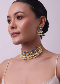 Multicolor Temple Style Choker And Earring Set In Gold Finish