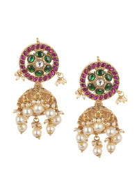Multicolor Temple Style Jhumkas With Pearls In Gold Finish