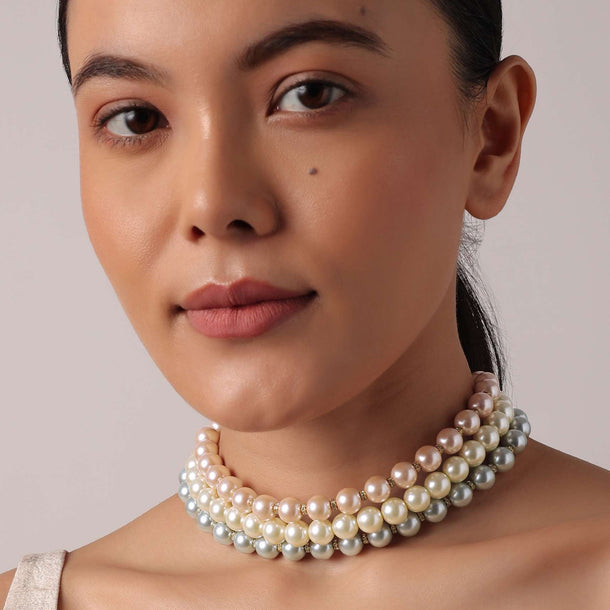 Multicolor Three Layered Pearl Choker