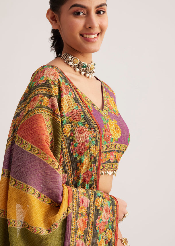 Multicolor Tissue Lehenga Set With Mirror And Tassel Details