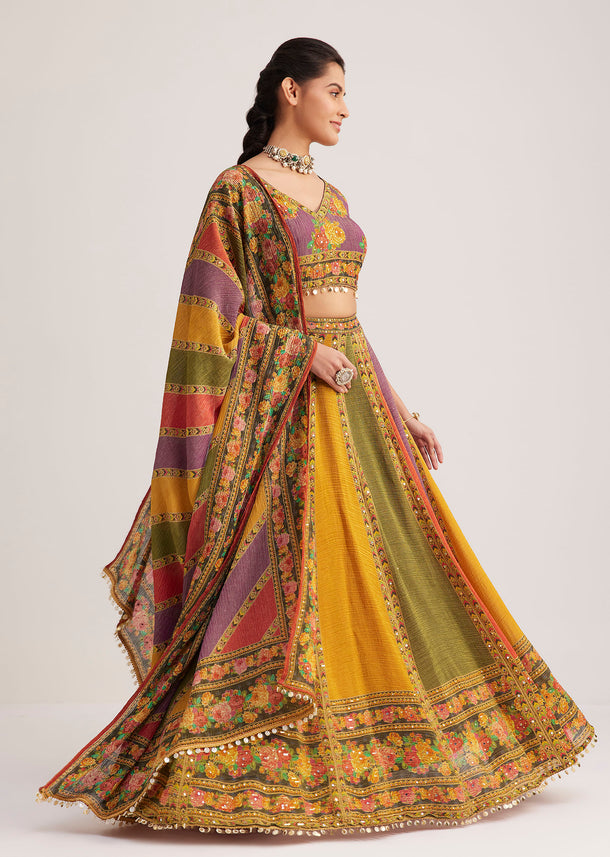 Multicolor Tissue Lehenga Set With Mirror And Tassel Details