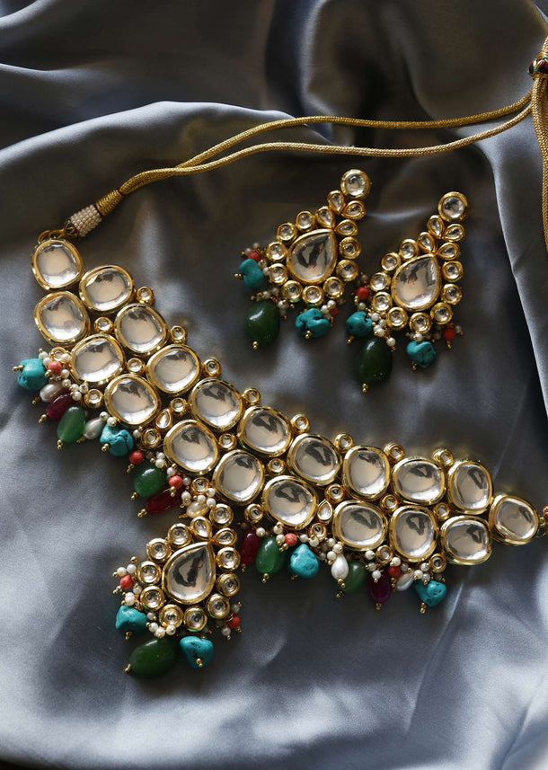 Multicolored Navrattan Polki Choker Necklace Set In Silver Alloy