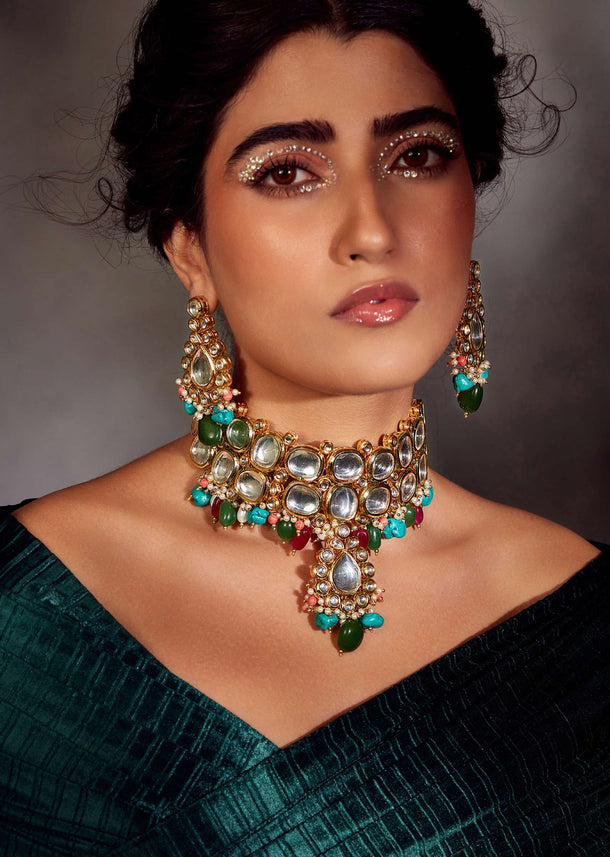 Multicolored Navrattan Polki Choker Necklace Set In Silver Alloy