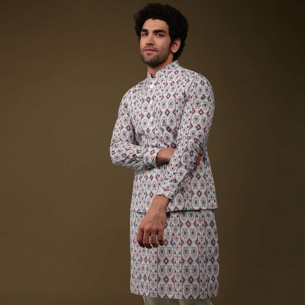 Multicolored Printed Art Silk Jacket Kurta Set