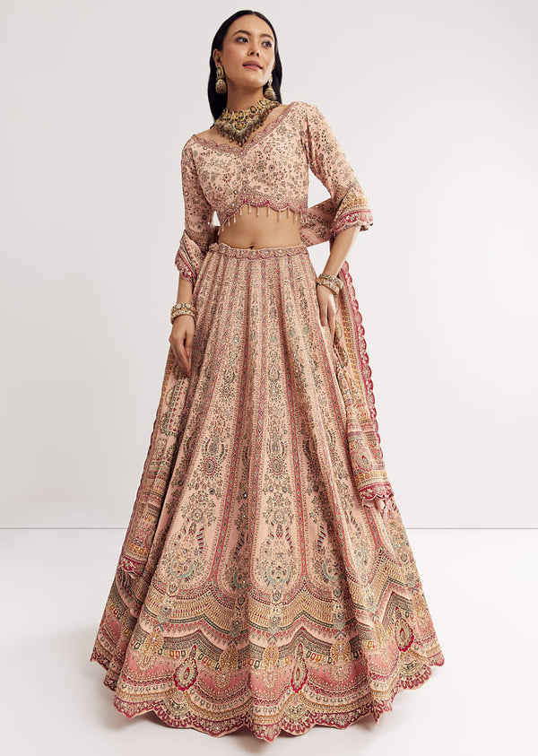 Multicolour Printed Stone Cutdana Embroidered Lehenga With Crepe Dupatta