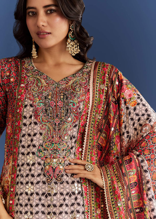 Multicolour Tabby Silk Printed Kurta Palazzo With Dupatta
