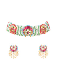 Multicolour Gold Finish Choker Set With Kundan And Thread Work