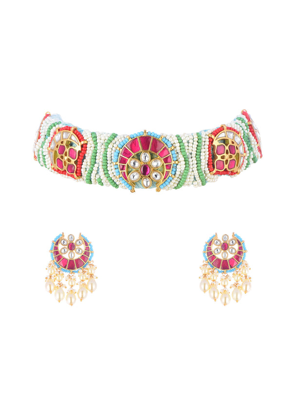 Multicolour Gold Finish Choker Set With Kundan And Thread Work