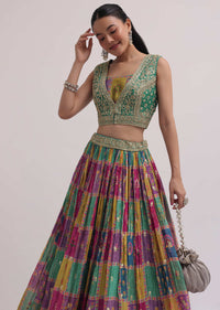 Multicolour Lehenga With Green Embroidered Choli And Jacket