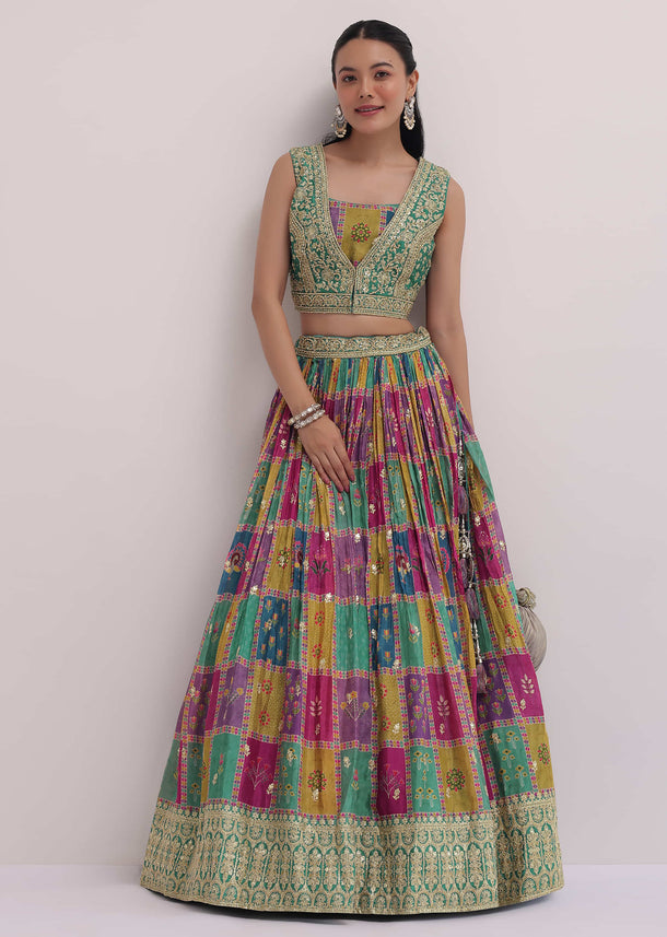 Multicolour Lehenga With Green Embroidered Choli And Jacket