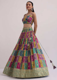 Multicolour Lehenga With Green Embroidered Choli And Jacket