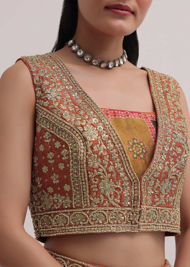 Multicolour Lehenga With Orange Embroidered Choli And Jacket