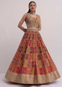 Multicolour Lehenga With Orange Embroidered Choli And Jacket