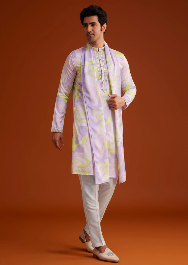 Multicolour Marble Printed Silk Kurta Set