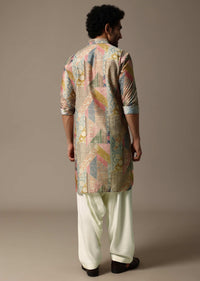 Multicolour Printed Silk Kurta Salwar For Men