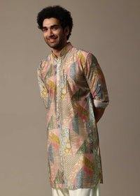 Multicolour Printed Silk Kurta Salwar For Men