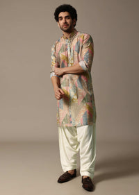 Multicolour Printed Silk Kurta Salwar For Men